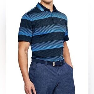 UNDER ARMOUR Size Large Loose Polo Shirt HeatGear Blue Stripe EUC